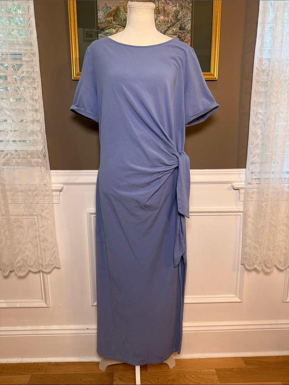 Sézane Pippa Vintage Blue Organic Cotton Tie Midi Maxi Dress XXL Flawed - Picture 2 of 11